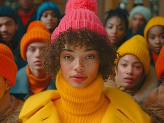 A group of people wearing bright colored hats and a woman in a yellow jacket