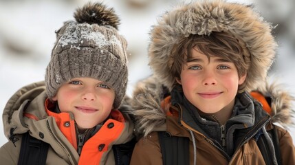 Two young boys wearing fur hats and coats are smiling for the camera