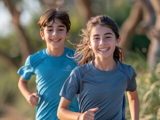 Obraz premium Two young children are running in a park, smiling and enjoying themselves