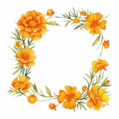 Obraz premium marigold themed frame or border for photos and text. watercolor illustration, Perfect for nursery art, simple clipart, single object, white color background. for greeting card and invitation.