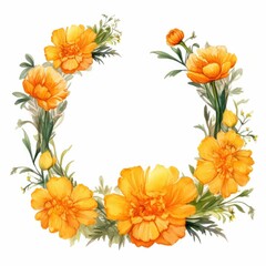 Fototapeta premium marigold themed frame or border for photos and text. watercolor illustration, Perfect for nursery art, simple clipart, single object, white color background. for greeting card and invitation.