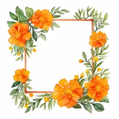 marigold themed frame or border for photos and text. watercolor illustration, Perfect for nursery art, simple clipart, single object, white color background. for greeting card and invitation. © JR BEE