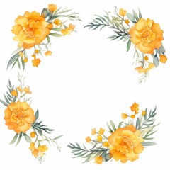 marigold themed frame or border for photos and text. watercolor illustration, Perfect for nursery art, simple clipart, single object, white color background. for greeting card and invitation.