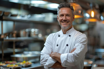 Fototapeta premium A smiling middle-aged chef stands with arms crossed in a restaurant kitchen.