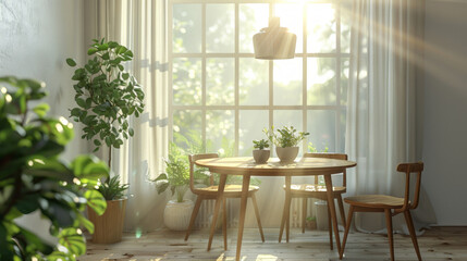 A minimalist dining room features a round wooden table and chairs, bathed in soft natural light from large windows, with green potted plants adding a touch of nature.