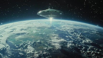 World UFO Day. UFO in the night sky. Large ufo hovering in space above the planet earth. Video 4k