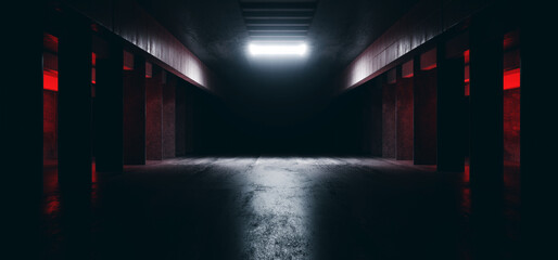 Modern Concrete Automotive Hangar Futuristic Showroom Clean Dark Cement Stage Warehouse Huge Tunnel Corridor Basement Underground Spotlight Grunge Realistic 3D Rendering