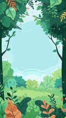 A dense green forest filled with numerous trees and colorful flowers in bloom. Copy space.