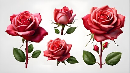 bouquet of red roses, A red-petalled rose bloom viewed from the top and side. Transparent PNG background that is isolated. different perspectives. The fantasy blossomed. present for Valentine's Day. M