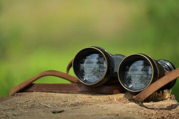 Old fashioned binoculars resting on tree stump