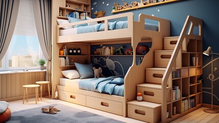 A sturdy wooden bunk bed with built-in storage drawers, perfect for maximizing space in a children's room
