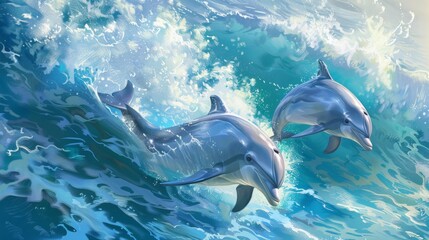 Two dolphins jumping out of the water in the sunlight