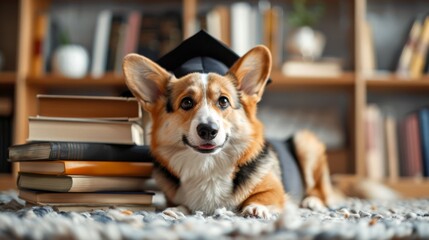Cute Welsh corgi graduate wearing a graduation cap, sitting beside a stack of books on soft carpet