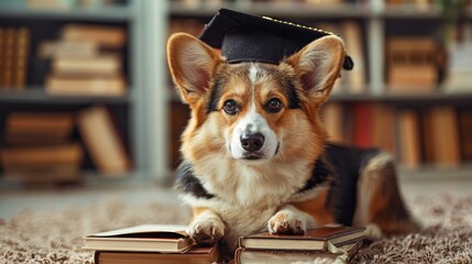 Cute Welsh corgi graduate wearing a graduation cap, sitting beside a stack of books on soft carpet