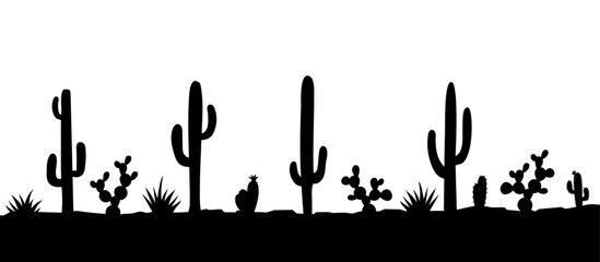 Landscape silhouette with cactus in desert. Background scene with cacti. Black vector landscape illustration.