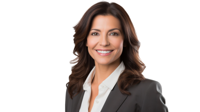 Smiling confident middle aged businesswoman as executive manager in suit, isolated on transparent background