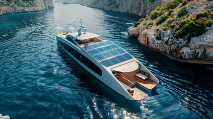 A luxury yacht equipped with the latest in solar technology sailing near a pristine coast