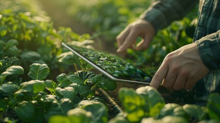 Person using a digital tablet to monitor sustainable farming practices