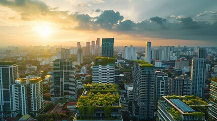 Obraz premium Urban skyline with green rooftops and renewable energy sources