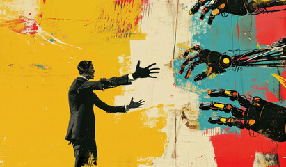 A businessman and a robotic hand reaching for each other in a futuristic painting