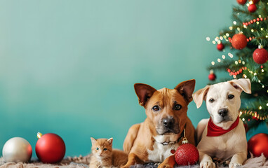 Adorable Jack Russell terrier puppy sits with red Christmas gifts by a white Christmas tree, generative AI.