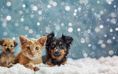 A fluffy white dog with perked ears explores a snowy winter forest, generative AI.