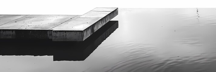 minimalist reflections of a wooden dock on calm water under a white sky