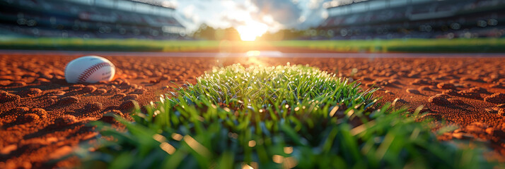 A closeup of the baseball field, with green grass and red dirt  - Powered by Adobe