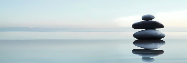 minimalist reflections of a serene blue sky and water with a black ball in the foreground