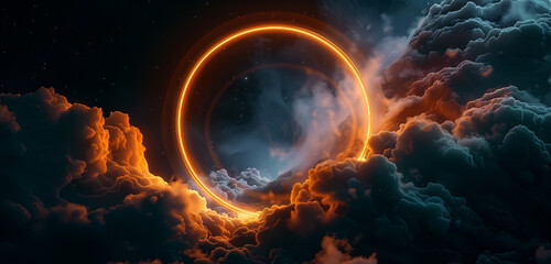 Fototapeta premium Deep bronze neon ring casts a warm glow on a swirling cloud, dark 3D sky.