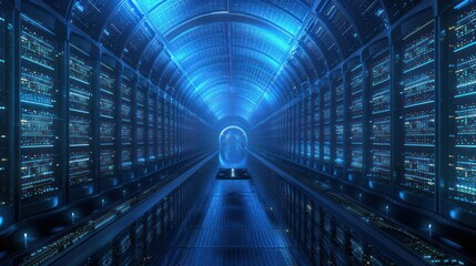  vast data center filled with rows upon rows of servers, glowing with an ethereal blue light. 