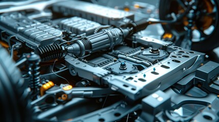  electric vehicle's powertrain system, showcasing the intricate arrangement of components like the battery pack, electric motor, and power electronics.