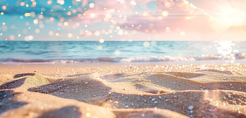 Inviting golden beach sands under a serene pastel sky, adorned with twinkling bokeh lights.