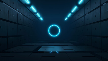 3D rendering of a gloomy empty futuristic atrium room with lights and circular neon lights