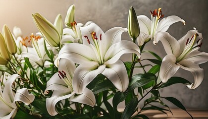 Fototapeta premium bouquet of white tulips bloom, petal, yellow, leaf, floral, macro, summer, closeup, color, petals