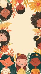 Several children standing together with a variety of colorful flowers surrounding them. Copy space.