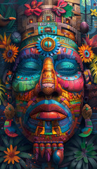 Fototapeta premium Colorful mosaic mask with intricate patterns and vibrant colors. Perfect for adding a touch of mystery and culture to your home or office.