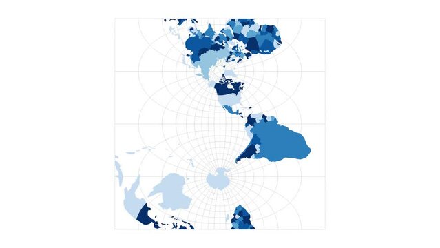World map in transverse spherical Mercator projection. Loopable rotating map of the world. Astonishing footage.