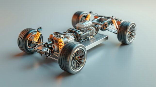 schematic diagram of an electric vehicle's powertrain system, clearly representing the flow of energy from the battery to the motor and wheels. 