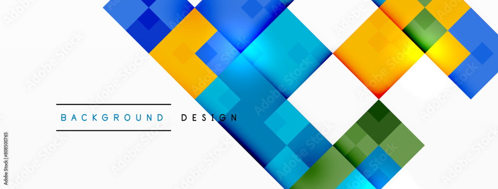 Poster A vibrant and colorful background featuring an intricate geometric pattern of squares and triangles in azure, aqua, and various tints and shades, creating a symmetrical art piece on a white backdrop