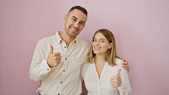 Joyful couple showing great love in their smiles and thumbs up! beautiful twosome standing together, confidently expressing successful approval sign against a cool isolated pink background.