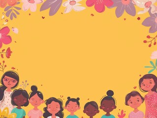 Several children are standing together in front of a bright yellow background. Copy space.