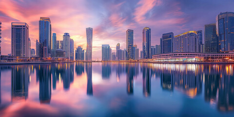 A capturing the reflection of modern city buildings shimmering on the surface of a calm river or...