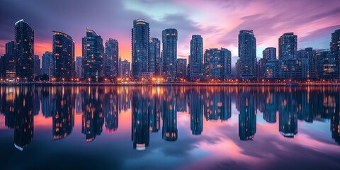 A capturing the reflection of modern city buildings shimmering on the surface of a calm river or...
