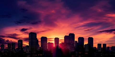 sunset over the city, city at night, A capturing the silhouette of modern city skyscrapers against...