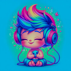 Digital art vibrant colorful cute baby smiling wearing headphones vibin to music