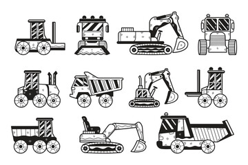 A collection of black and white drawings of construction vehicles - obrazy, fototapety, plakaty
