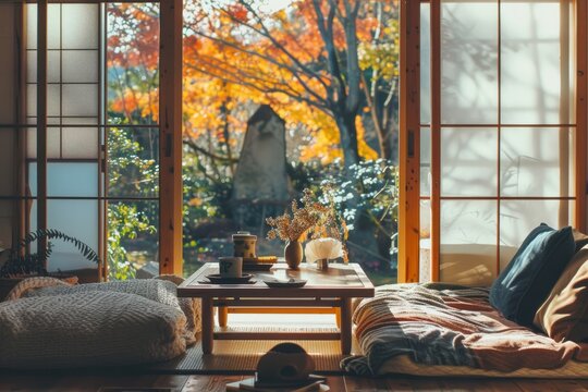 A cozy kotatsu corner in a Japanese home, with a low table covered by a heated blanket, floor cushions, and sliding doors opening onto a view,Generative AI