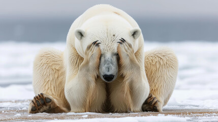 Globally warming climate change the bear cries closing its face with its paws polar bear