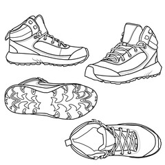 Template vector hiking boots. Outline vector doodle illustration. Front, side, and top views isolated on a white background